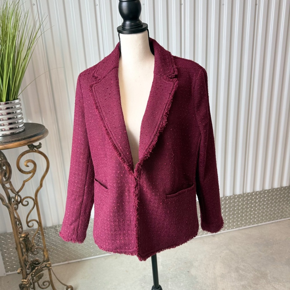 Chico's Blazer Women Size 1.5 US 10 Burgundy Excellent Fringe Trim Tweed Jacket
